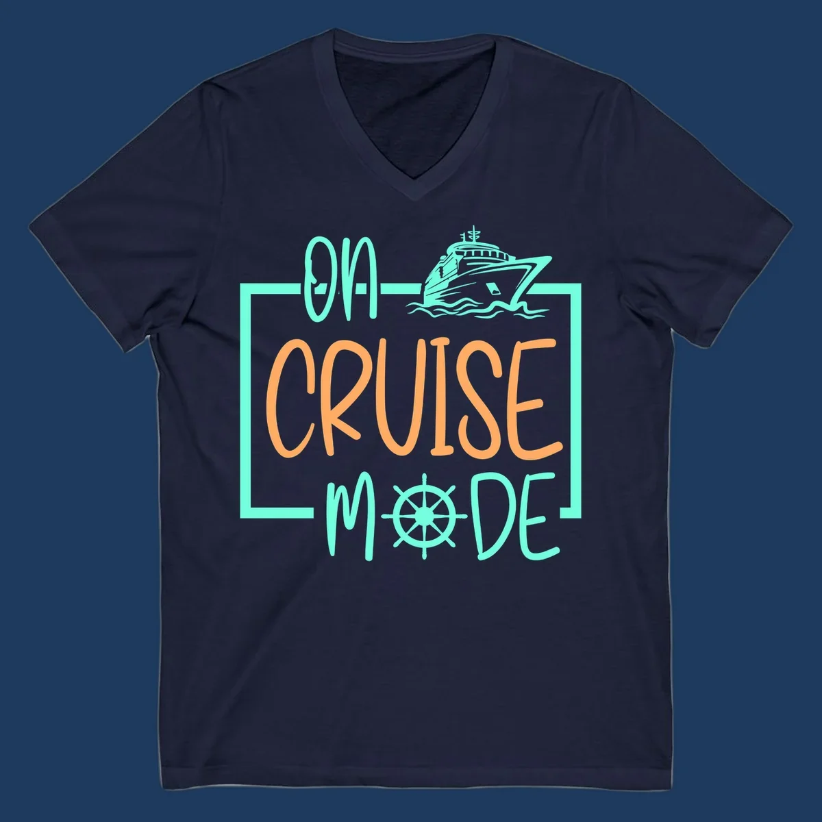 On cruise mode design with turquoise cruise ship and ship wheel, orange text on gray background