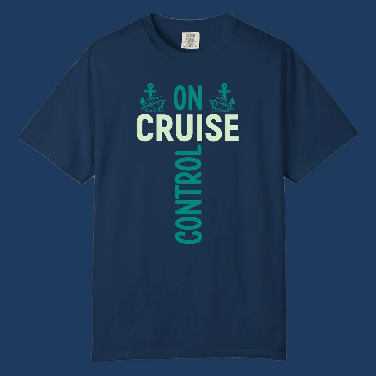 Cruise with you design featuring two teal cruise ships with anchors, ocean waves, and seagulls on gray background with teal and light green text
