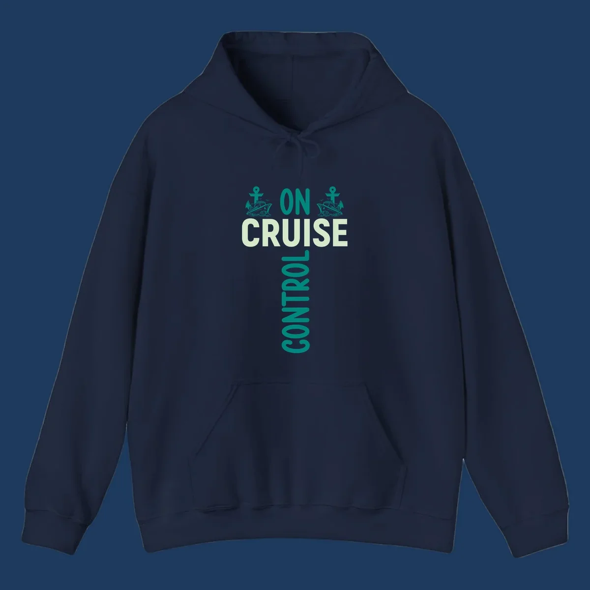 Cruise with you design featuring two teal cruise ships with anchors, ocean waves, and seagulls on gray background with teal and light green text