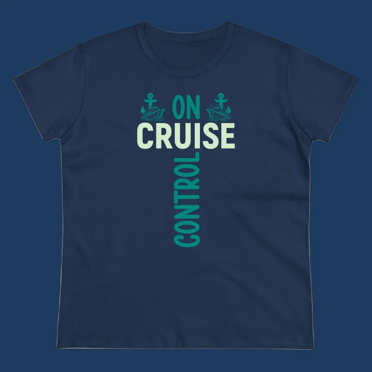 Cruise with you design featuring two teal cruise ships with anchors, ocean waves, and seagulls on gray background with teal and light green text