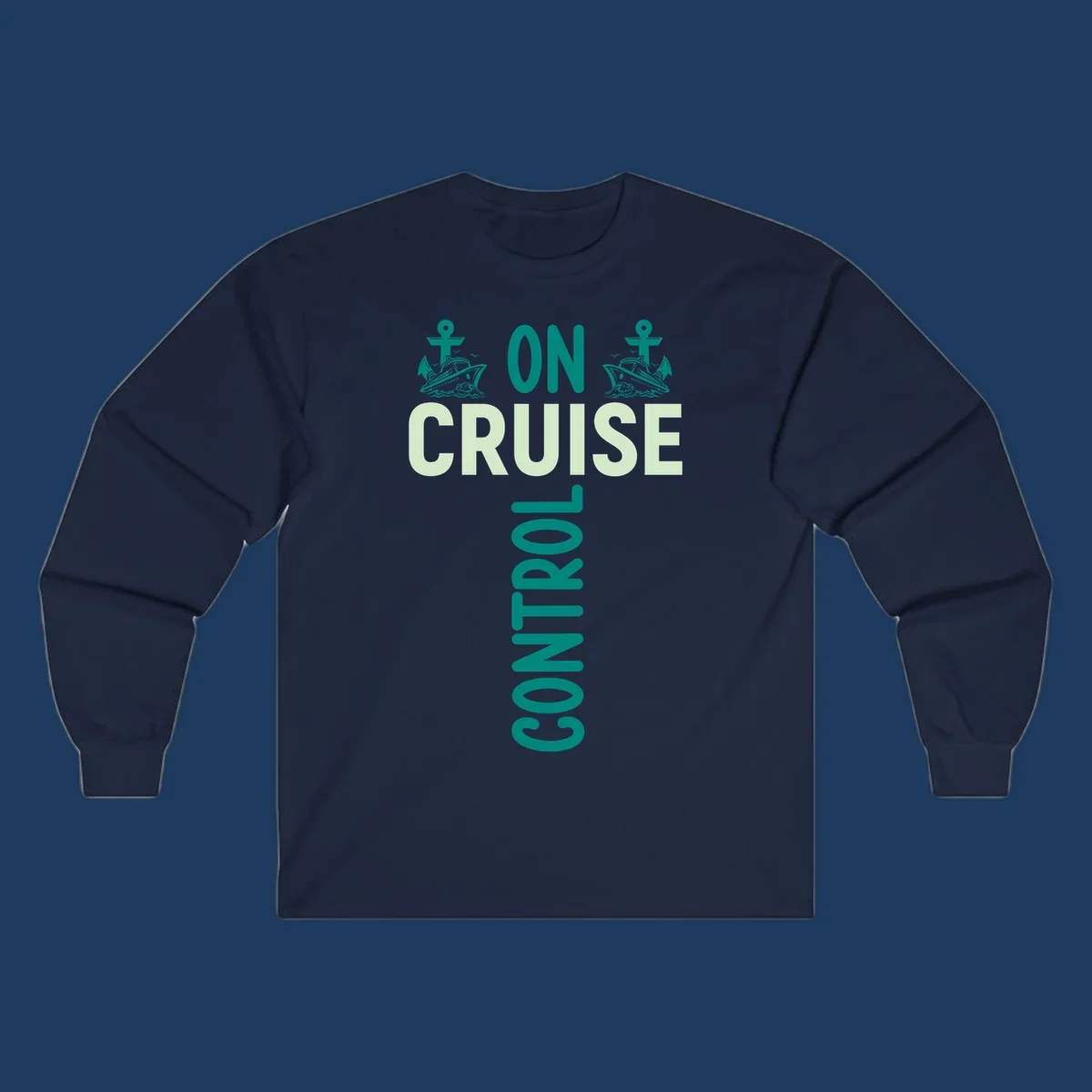 Cruise with you design featuring two teal cruise ships with anchors, ocean waves, and seagulls on gray background with teal and light green text