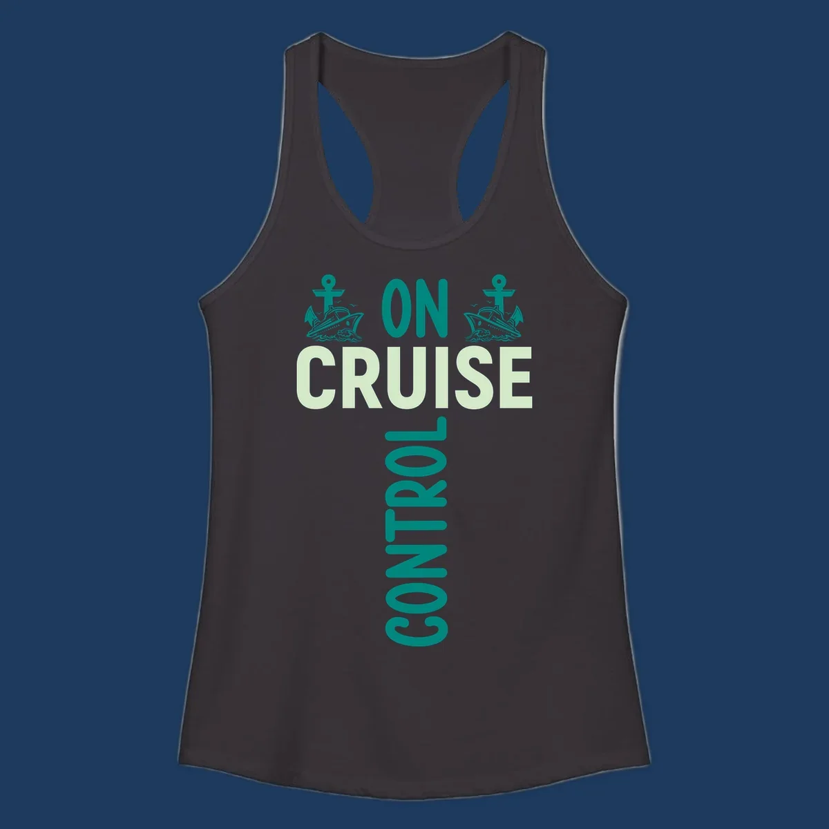 Cruise with you design featuring two teal cruise ships with anchors, ocean waves, and seagulls on gray background with teal and light green text
