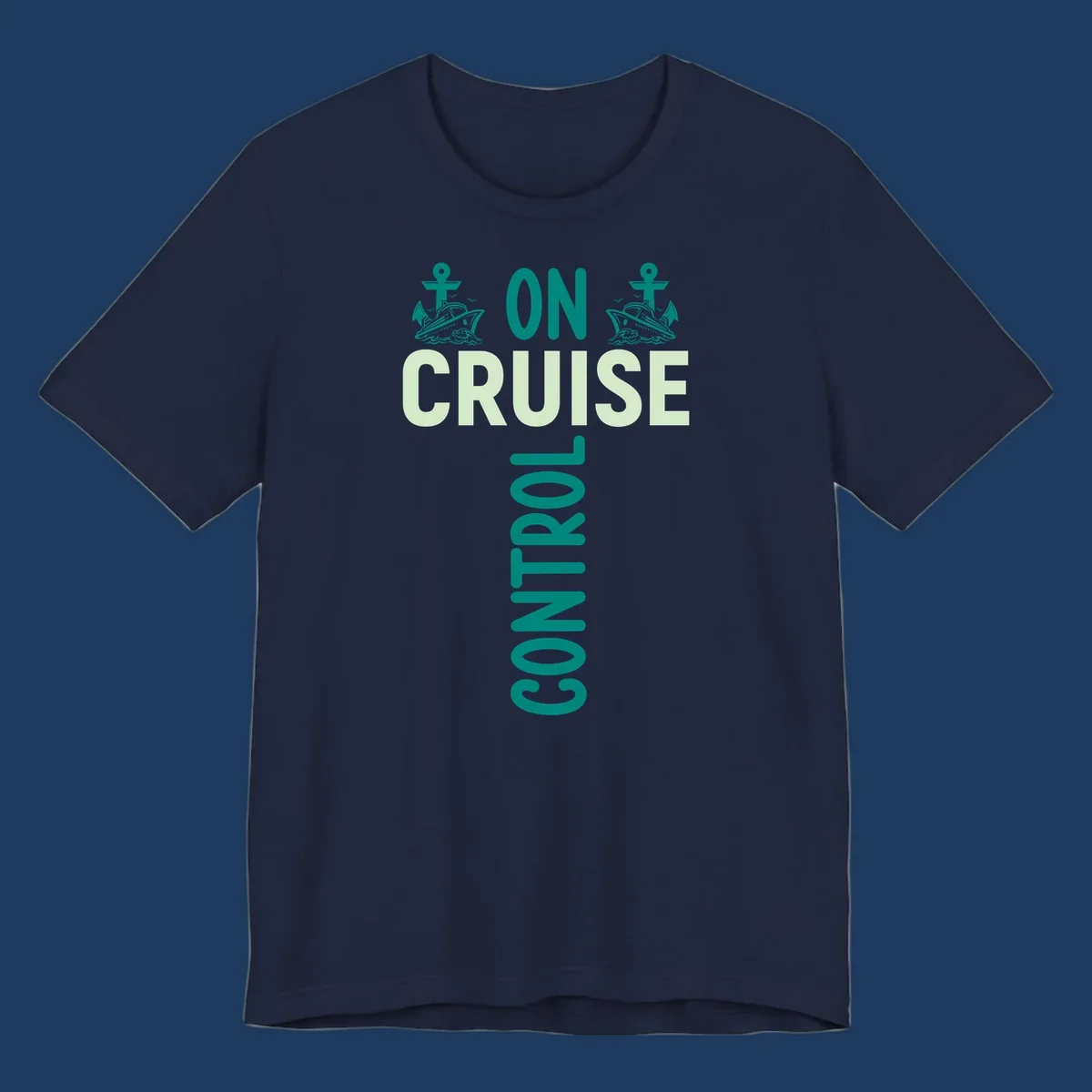 Cruise with you design featuring two teal cruise ships with anchors, ocean waves, and seagulls on gray background with teal and light green text