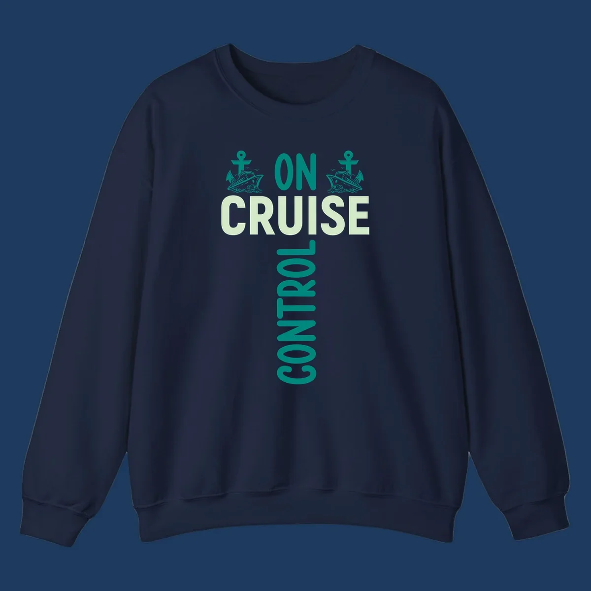 Cruise with you design featuring two teal cruise ships with anchors, ocean waves, and seagulls on gray background with teal and light green text