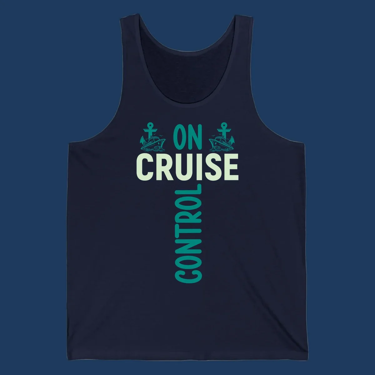 Cruise with you design featuring two teal cruise ships with anchors, ocean waves, and seagulls on gray background with teal and light green text