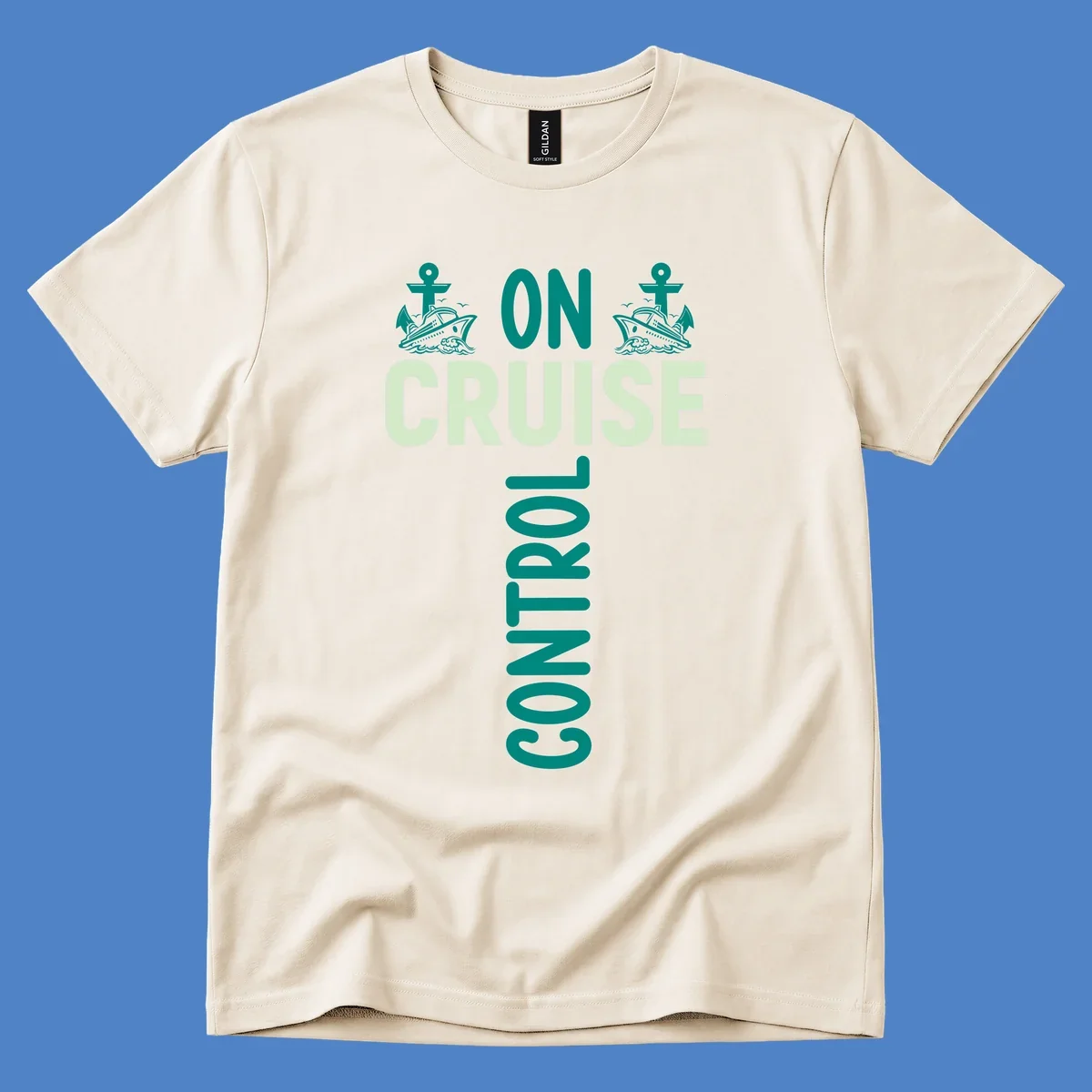 Cruise with you design featuring two teal cruise ships with anchors, ocean waves, and seagulls on gray background with teal and light green text