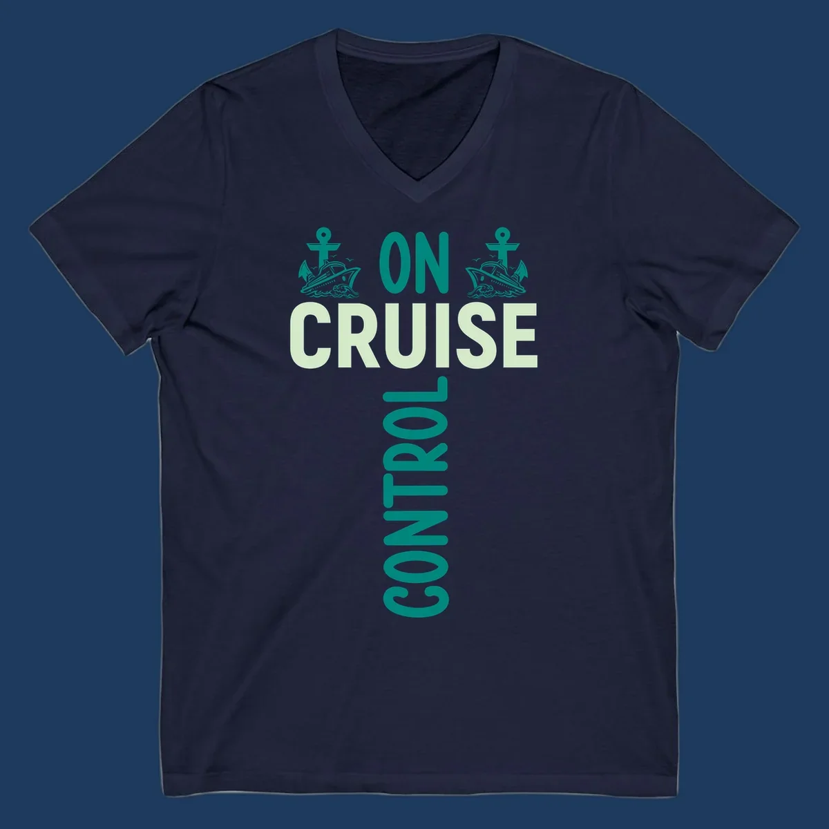 Cruise with you design featuring two teal cruise ships with anchors, ocean waves, and seagulls on gray background with teal and light green text