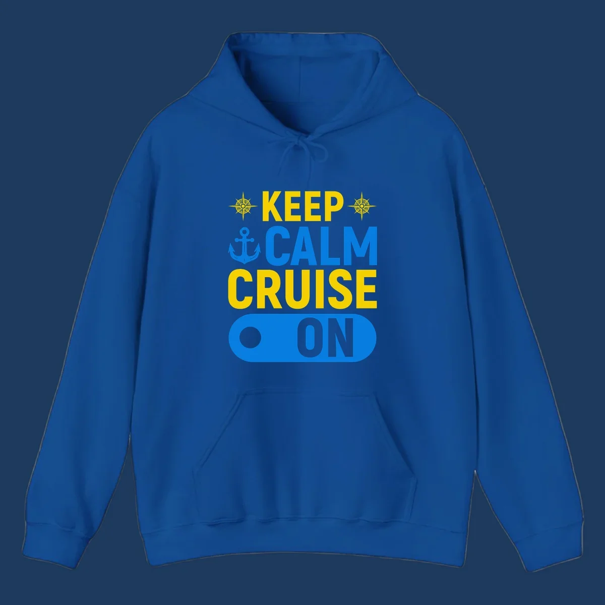 Keep calm cruise on design with yellow text, blue anchor and compass roses on gray background