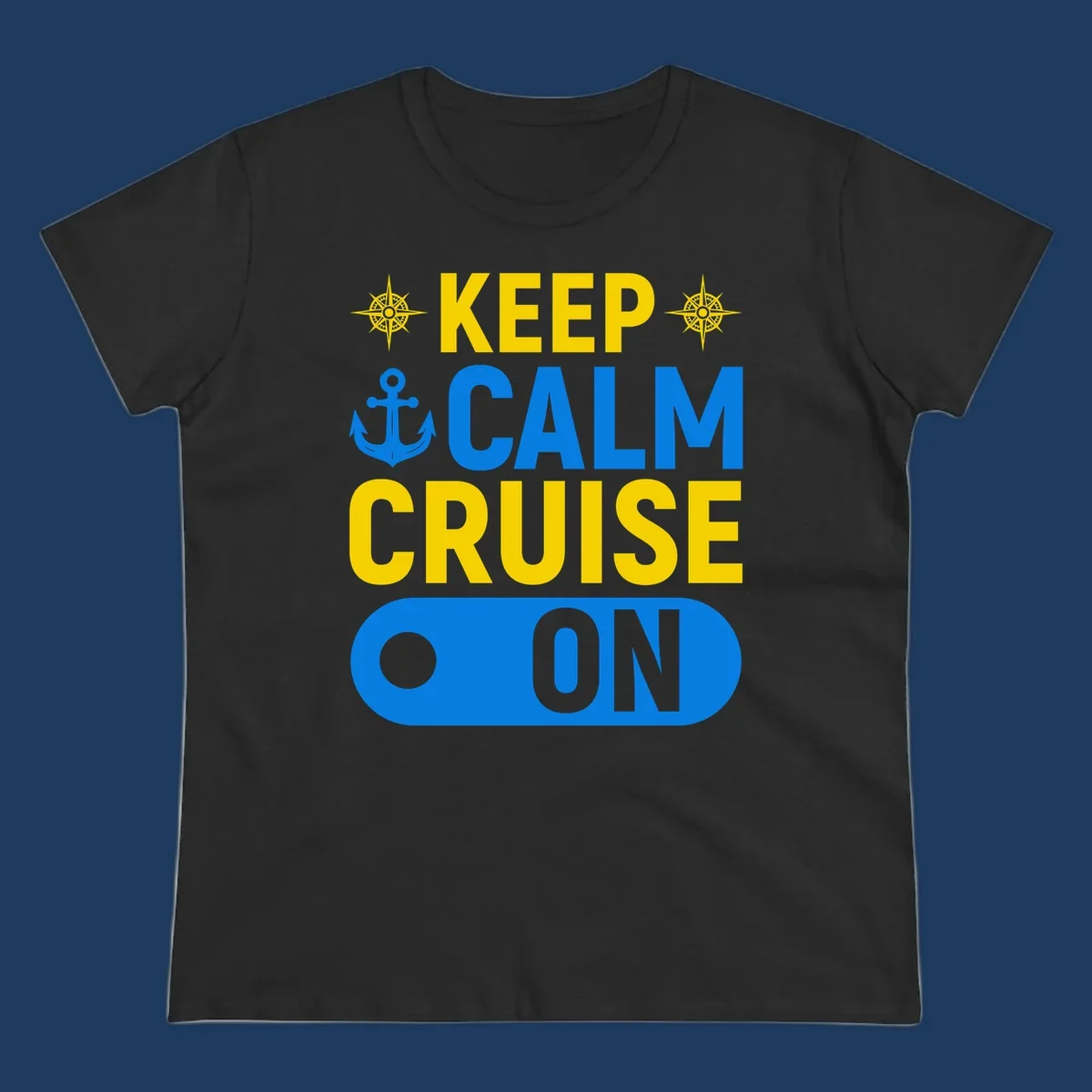 Keep calm cruise on design with yellow text, blue anchor and compass roses on gray background