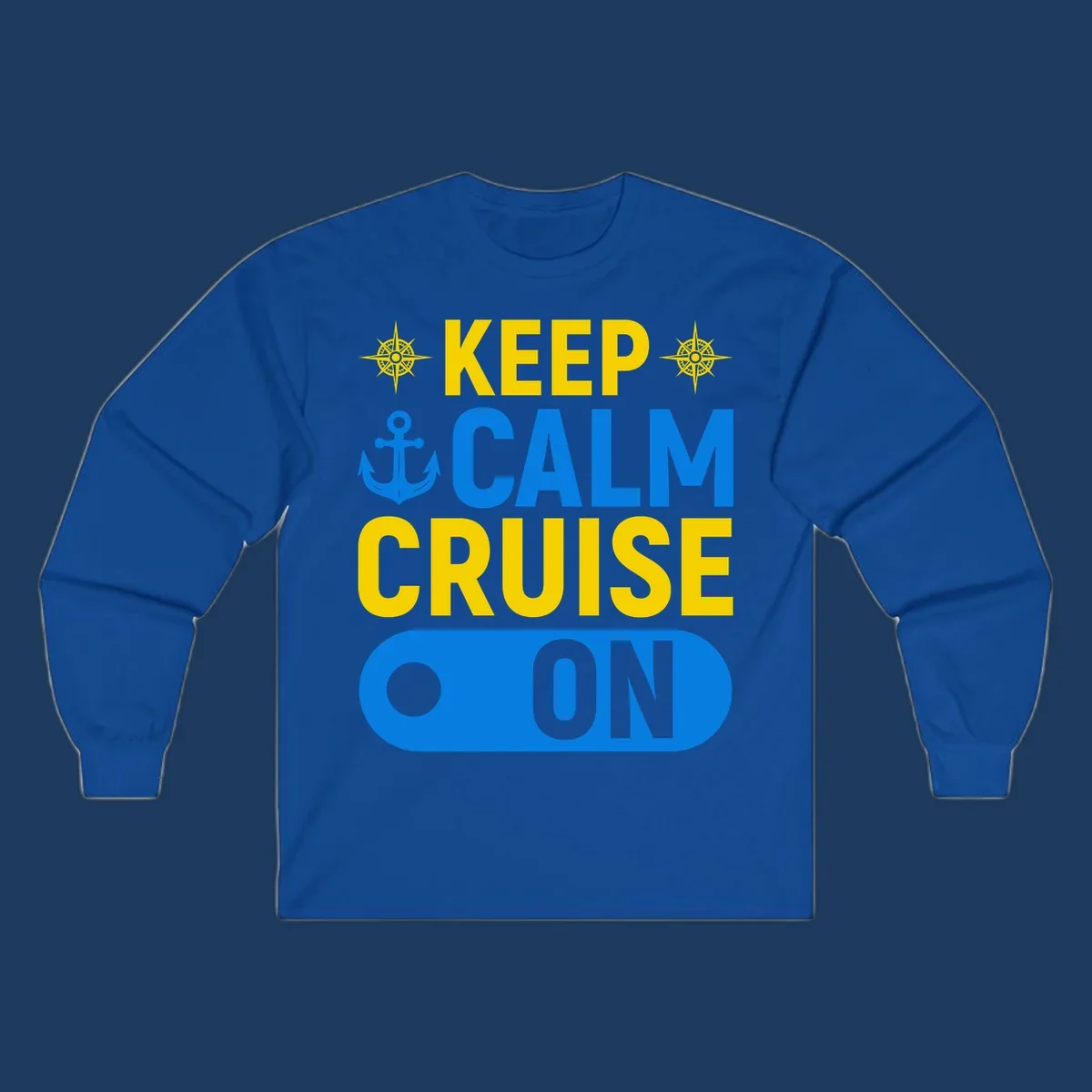 Keep calm cruise on design with yellow text, blue anchor and compass roses on gray background