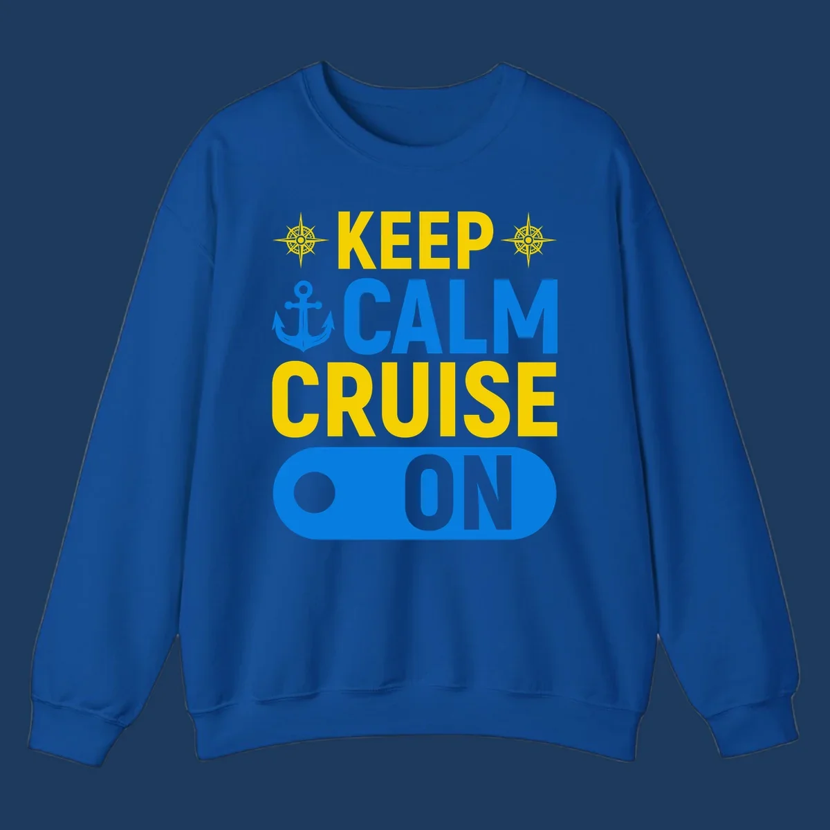 Keep calm cruise on design with yellow text, blue anchor and compass roses on gray background