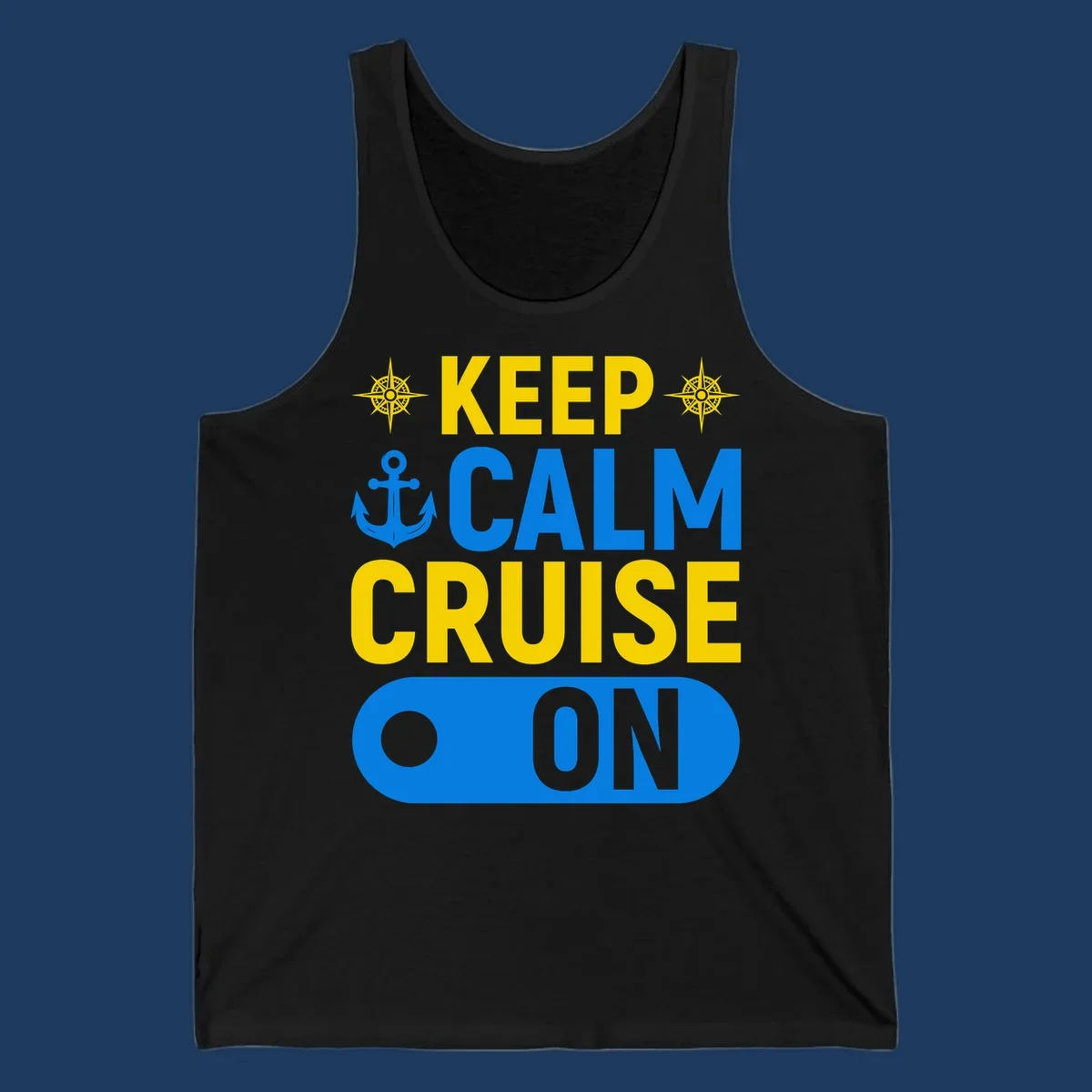 Keep calm cruise on design with yellow text, blue anchor and compass roses on gray background