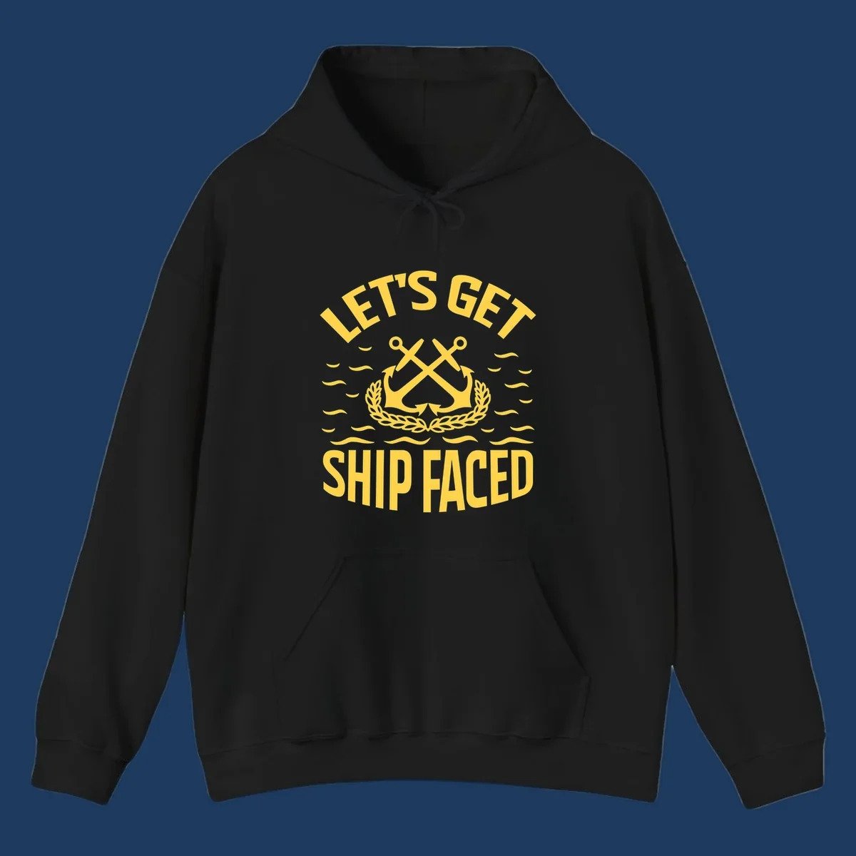 Yellow nautical badge with crossed anchors and laurel wreath, reading 'Let's Get Ship Faced' with ocean wave accents on gray background.