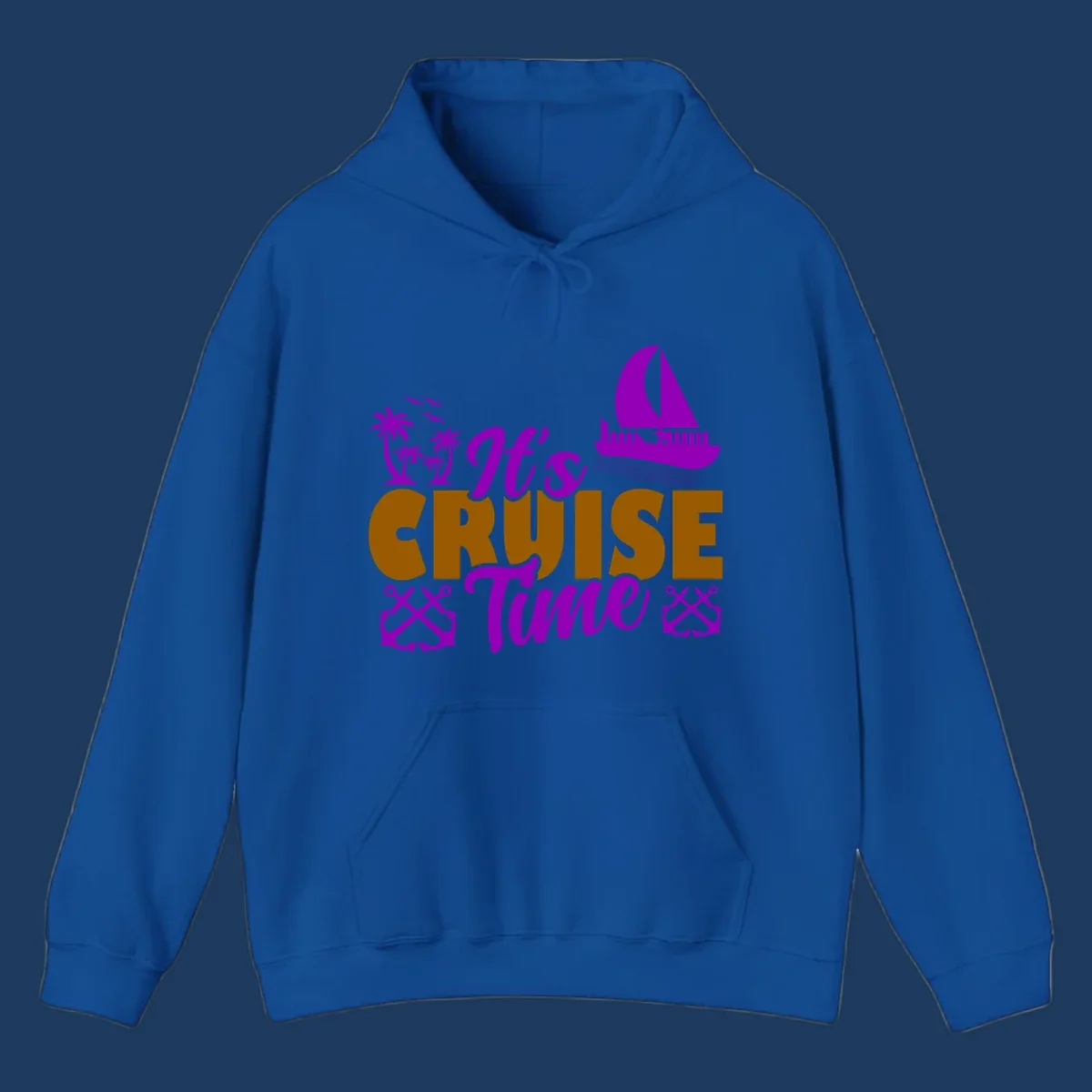 It's Cruise Time design with purple sailboat, palm trees, anchors, and ocean waves on gold text