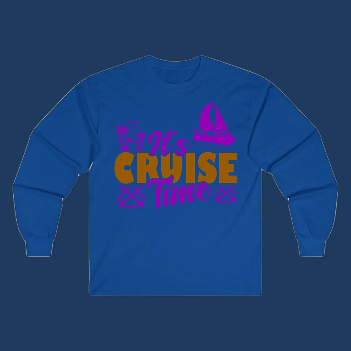 It's Cruise Time design with purple sailboat, palm trees, anchors, and ocean waves on gold text
