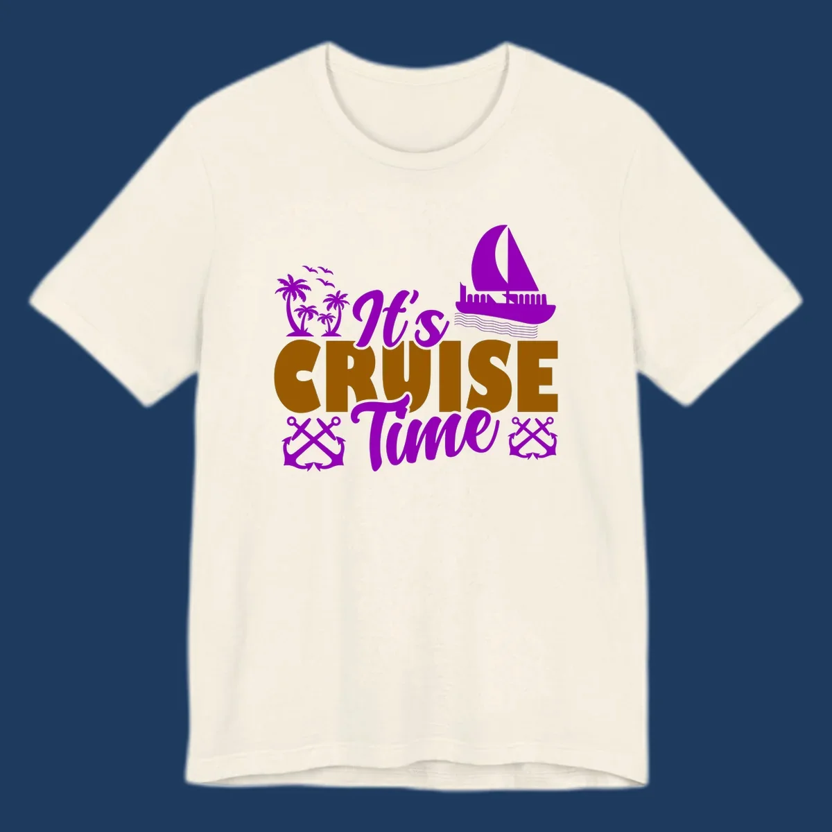 It's Cruise Time design with purple sailboat, palm trees, anchors, and ocean waves on gold text