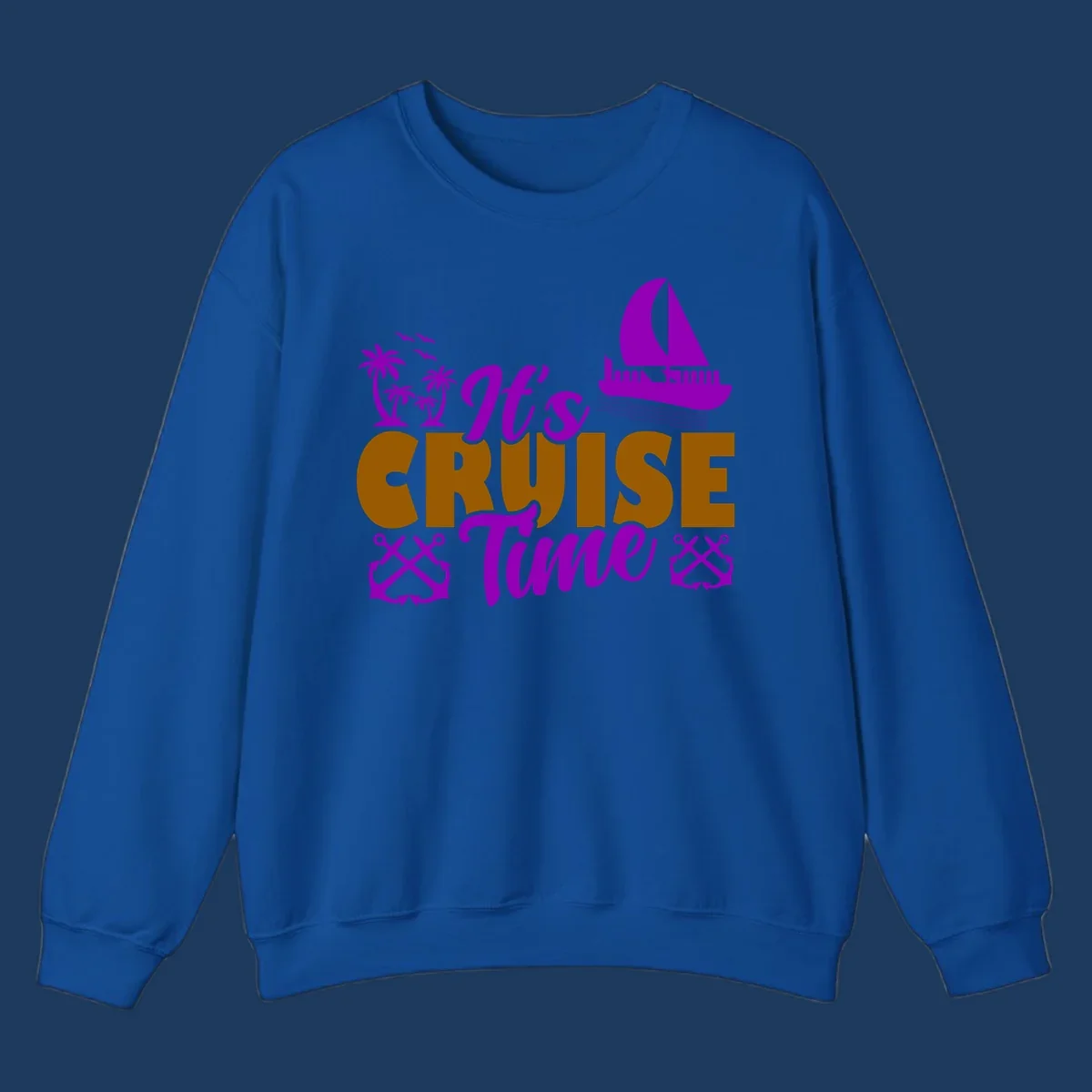 It's Cruise Time design with purple sailboat, palm trees, anchors, and ocean waves on gold text