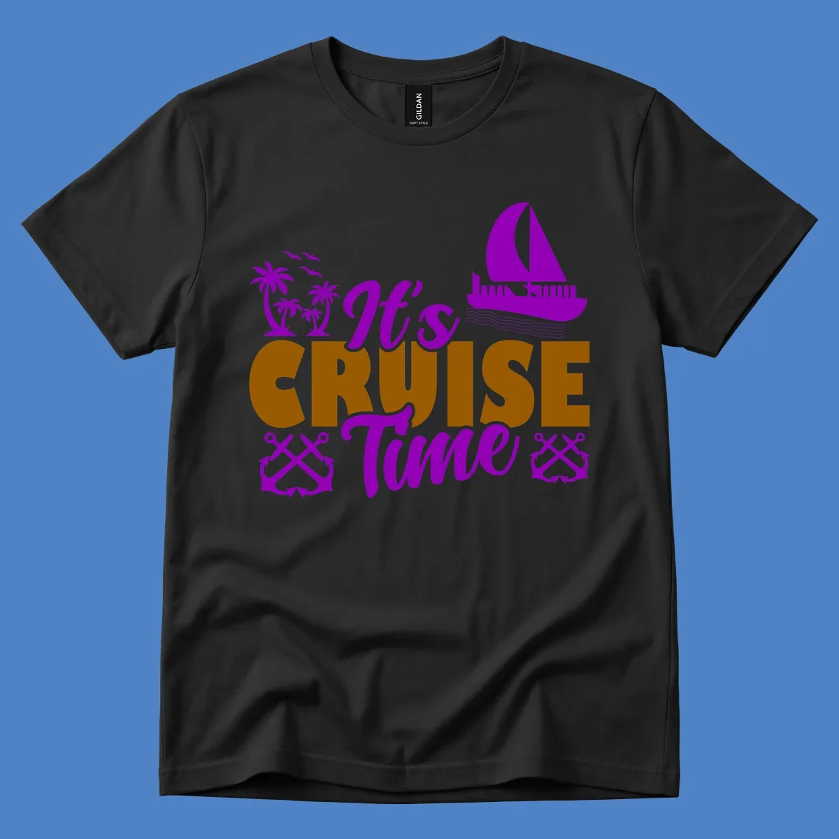 It's Cruise Time design with purple sailboat, palm trees, anchors, and ocean waves on gold text