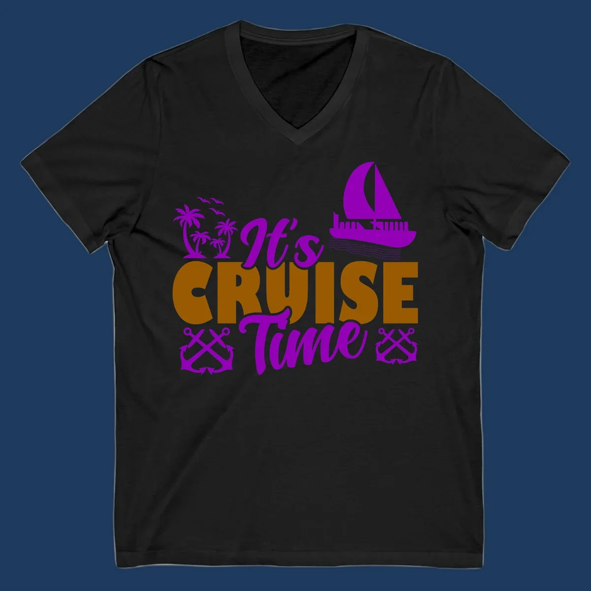It's Cruise Time design with purple sailboat, palm trees, anchors, and ocean waves on gold text