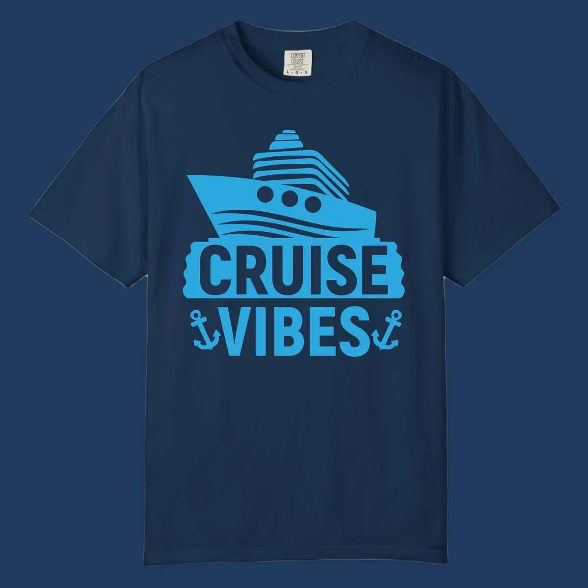 Cyan blue cruise ship with smokestacks and portholes above 'Cruise & Vibes' text with anchors