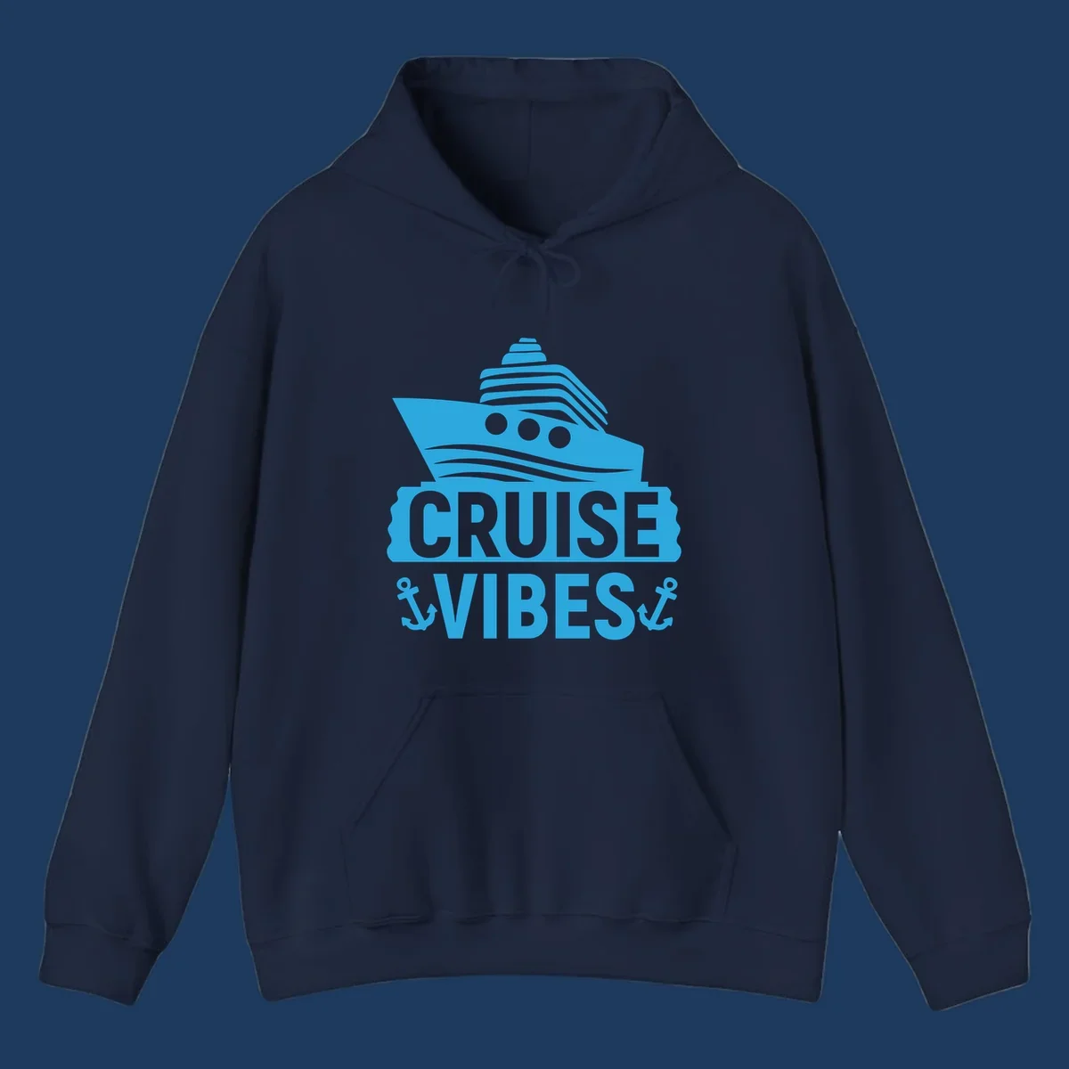 Cyan blue cruise ship with smokestacks and portholes above 'Cruise & Vibes' text with anchors