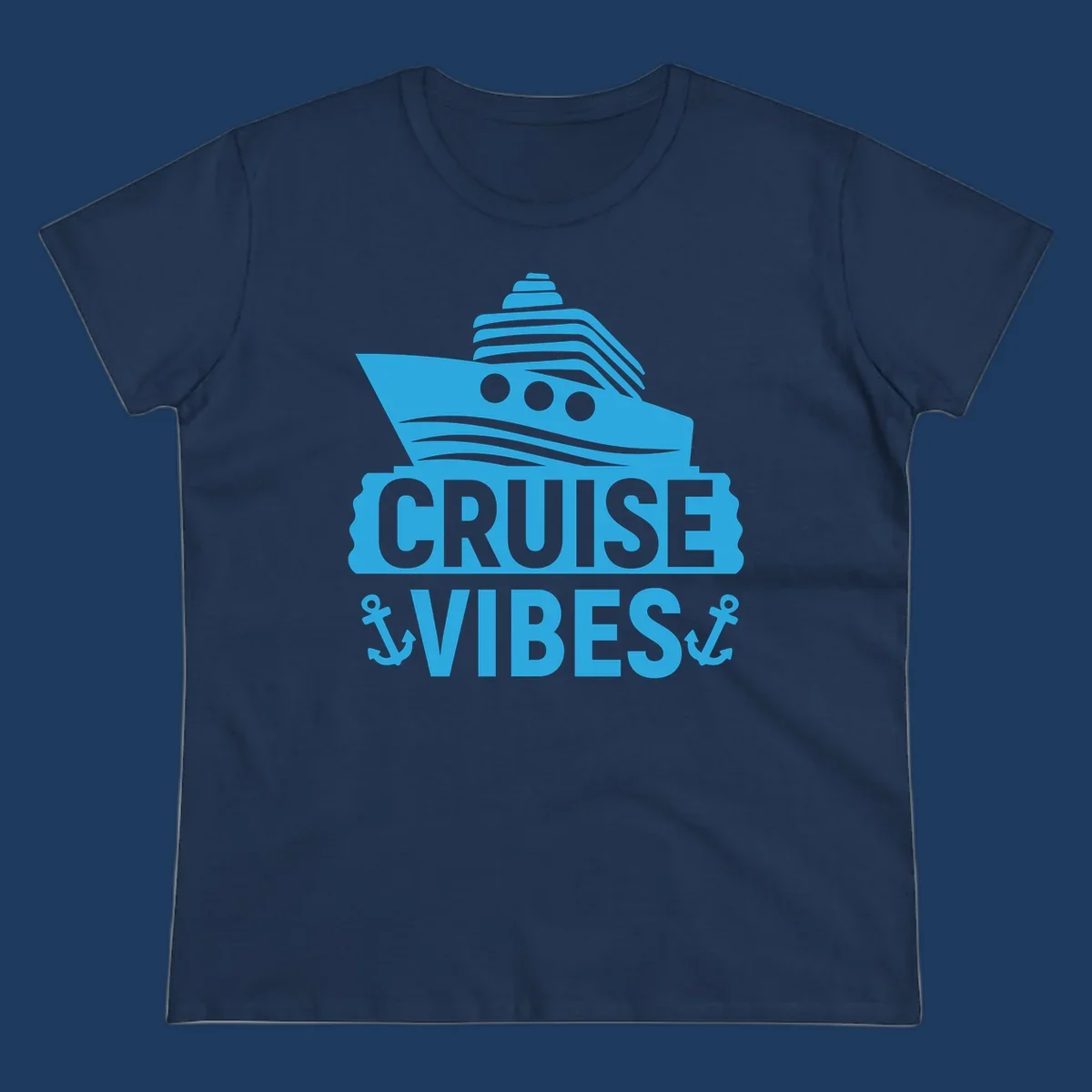 Cyan blue cruise ship with smokestacks and portholes above 'Cruise & Vibes' text with anchors