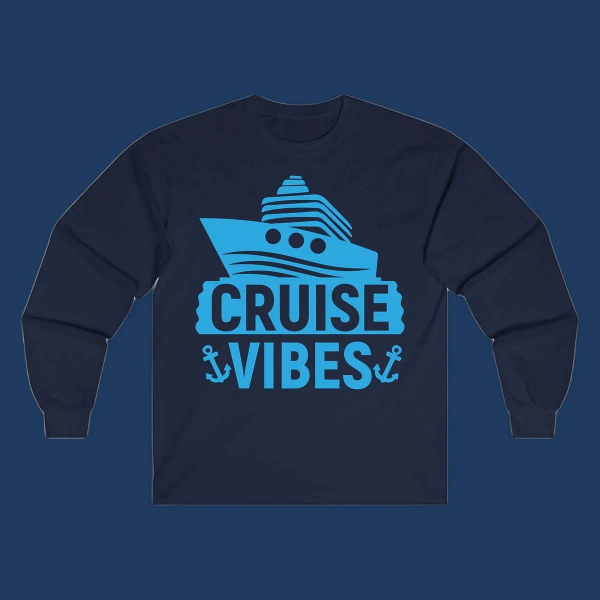 Cyan blue cruise ship with smokestacks and portholes above 'Cruise & Vibes' text with anchors