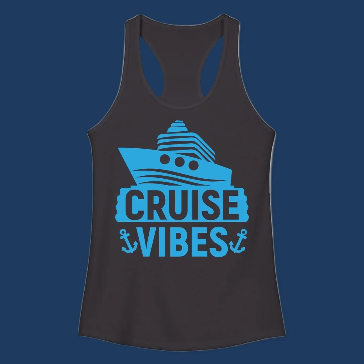 Cyan blue cruise ship with smokestacks and portholes above 'Cruise & Vibes' text with anchors