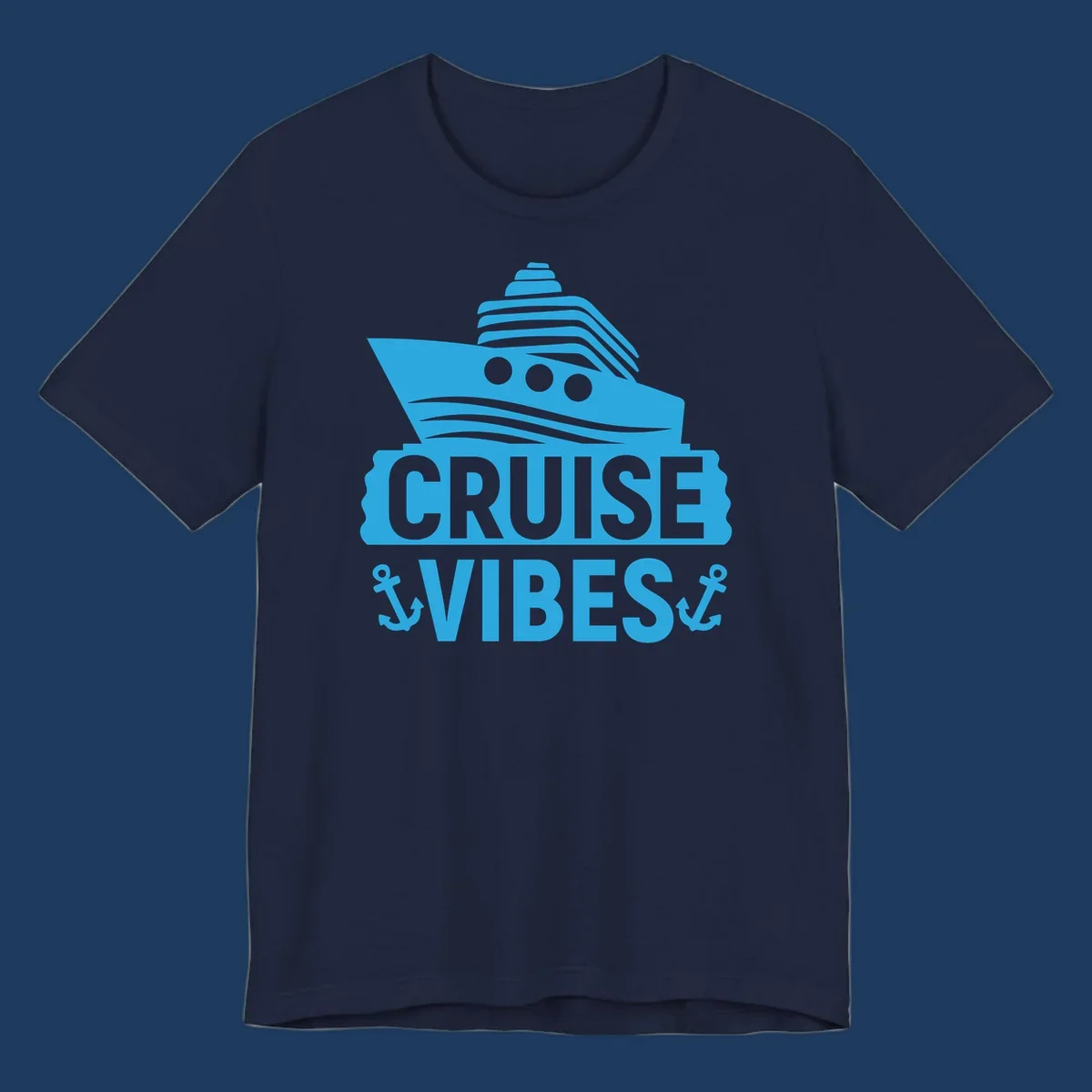 Cyan blue cruise ship with smokestacks and portholes above 'Cruise & Vibes' text with anchors