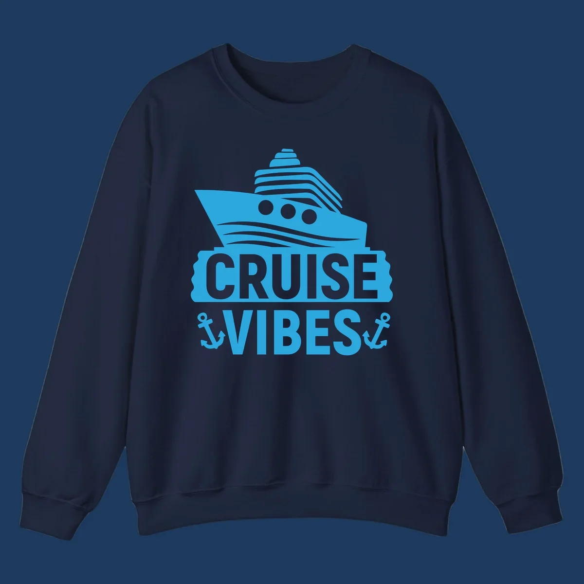 Cyan blue cruise ship with smokestacks and portholes above 'Cruise & Vibes' text with anchors