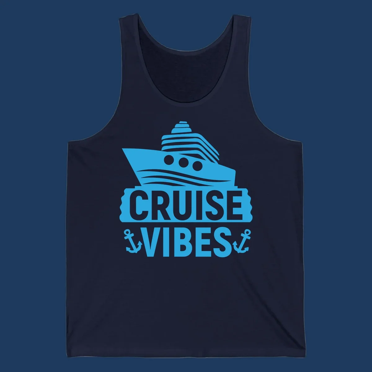 Cyan blue cruise ship with smokestacks and portholes above 'Cruise & Vibes' text with anchors