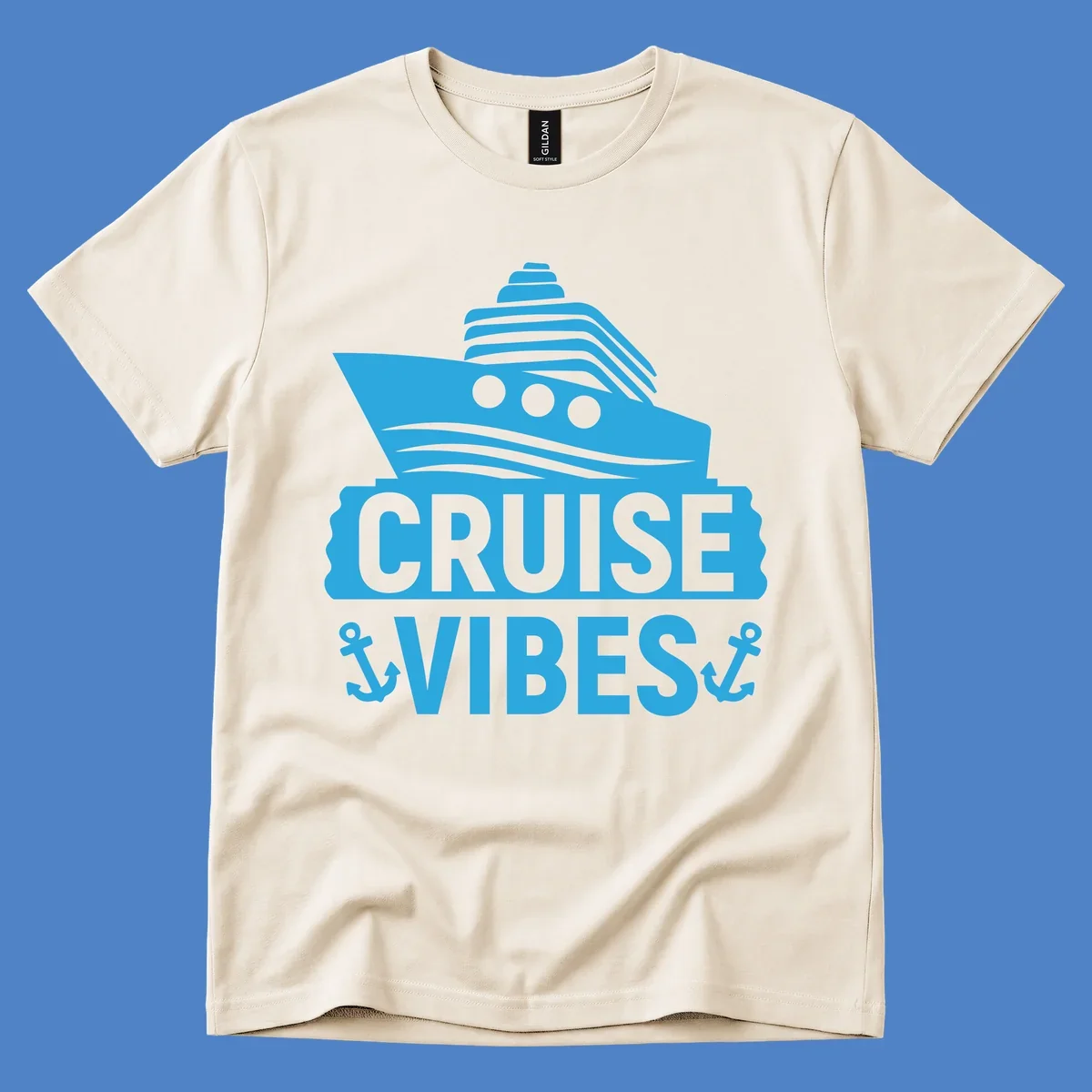 Cyan blue cruise ship with smokestacks and portholes above 'Cruise & Vibes' text with anchors