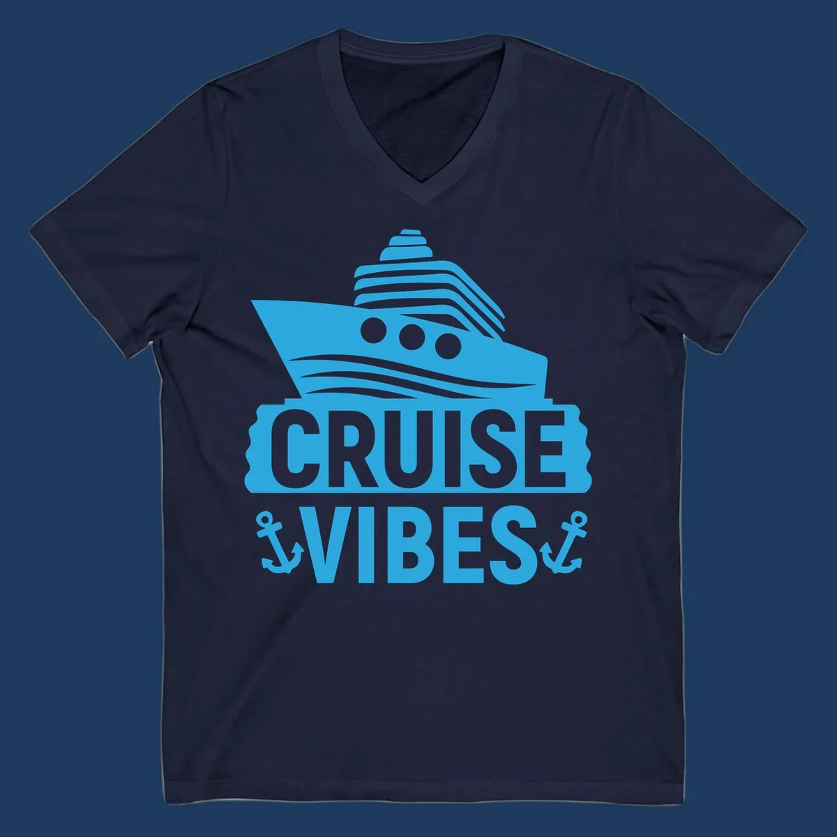 Cyan blue cruise ship with smokestacks and portholes above 'Cruise & Vibes' text with anchors