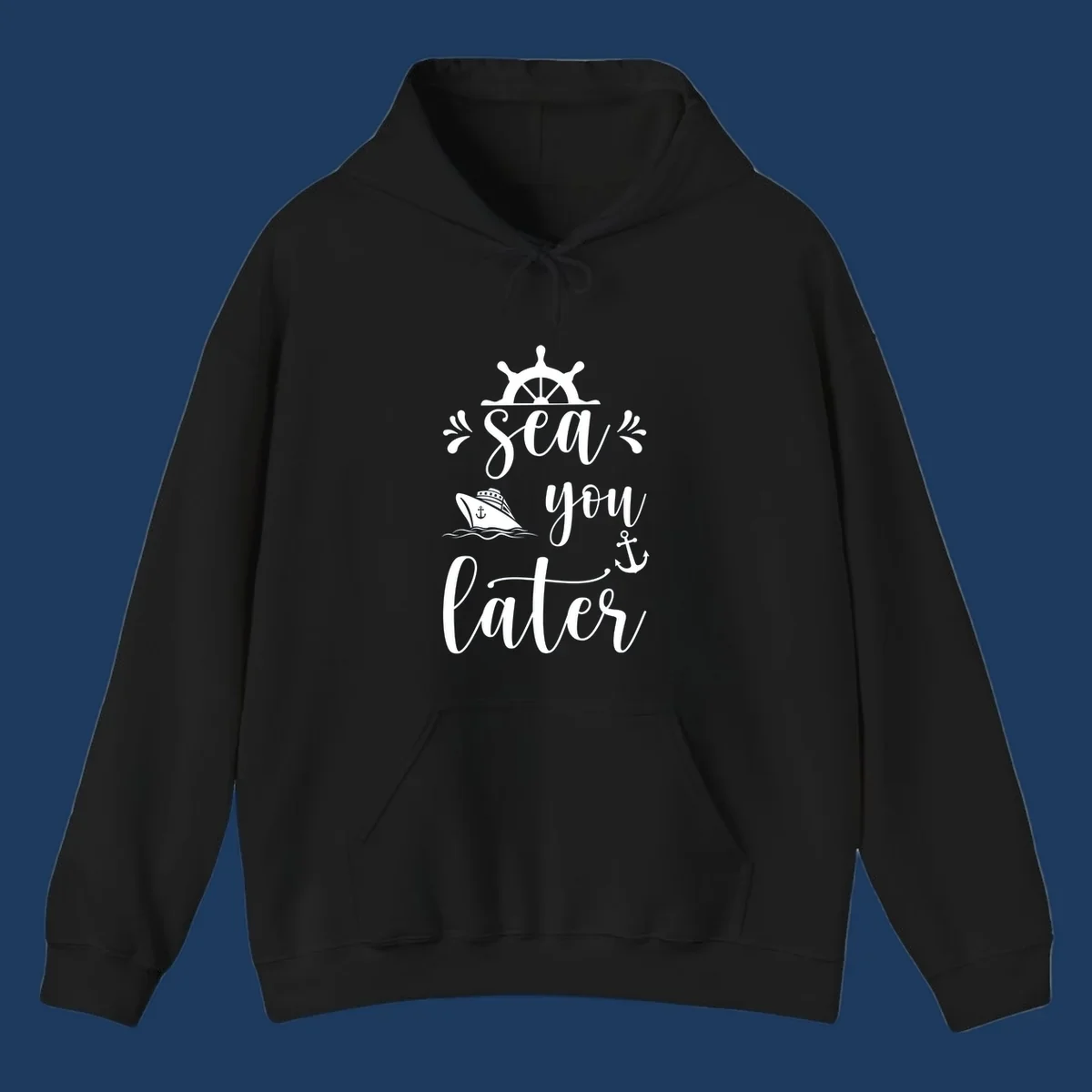 Nautical design with ship's wheel, cruise ship, anchor, and 'Sea you on the Sails' text in cursive lettering on gray background