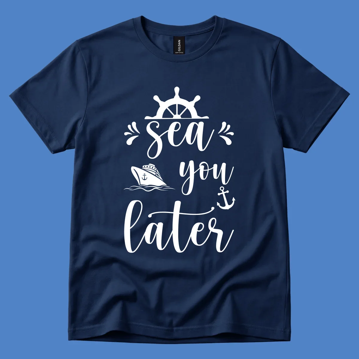 Nautical design with ship's wheel, cruise ship, anchor, and 'Sea you on the Sails' text in cursive lettering on gray background