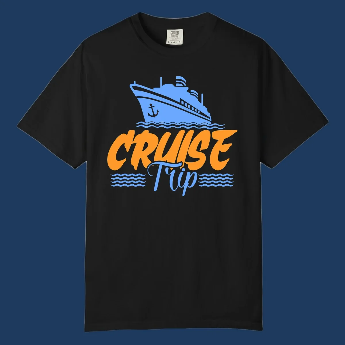 Blue cruise ship with anchor sailing through waves, with orange 'CRUISE' text and blue 'Trip' lettering on gray background