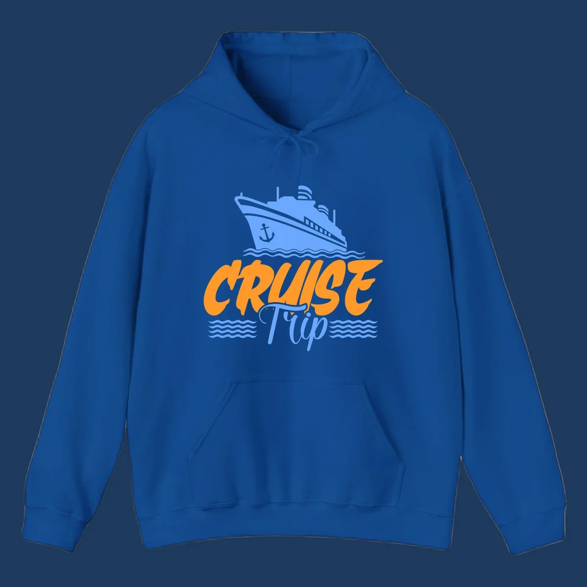 Blue cruise ship with anchor sailing through waves, with orange 'CRUISE' text and blue 'Trip' lettering on gray background