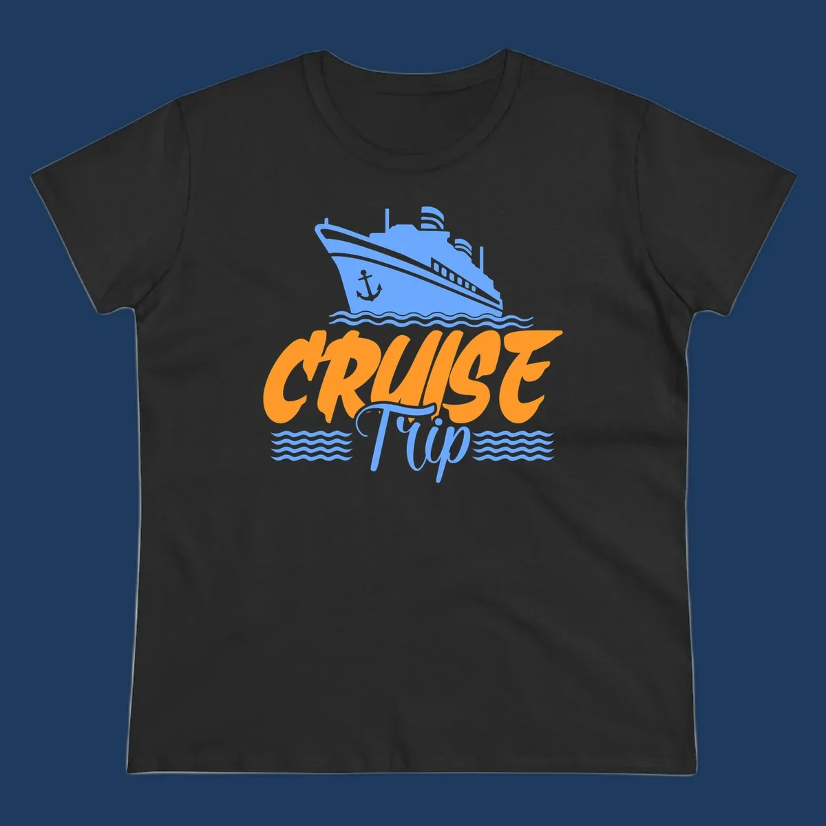 Blue cruise ship with anchor sailing through waves, with orange 'CRUISE' text and blue 'Trip' lettering on gray background