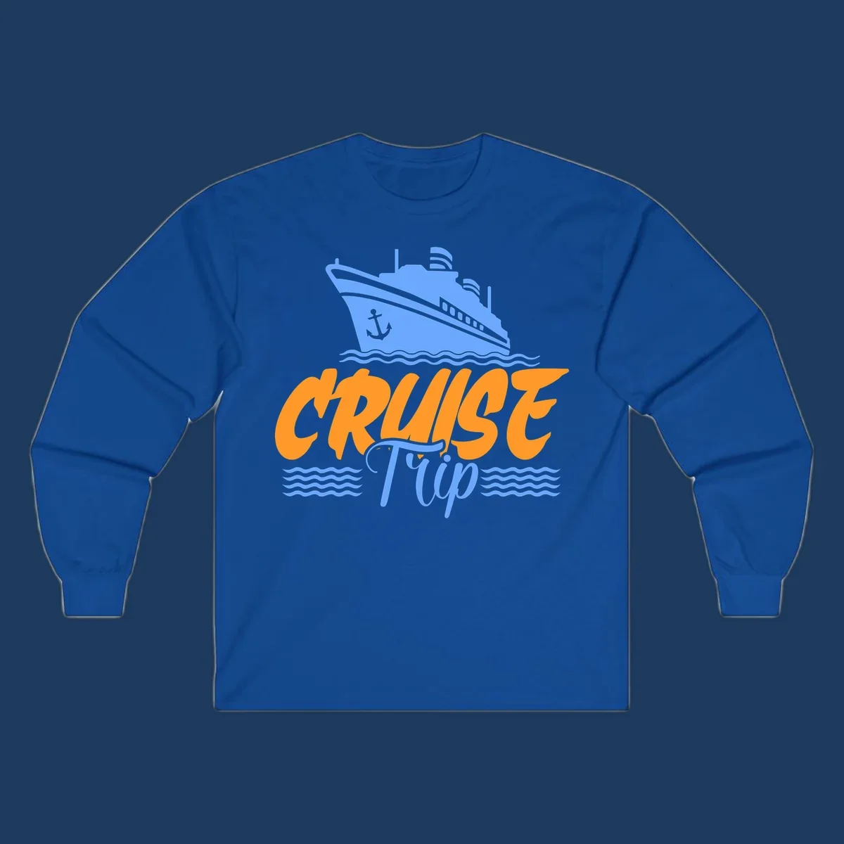 Blue cruise ship with anchor sailing through waves, with orange 'CRUISE' text and blue 'Trip' lettering on gray background