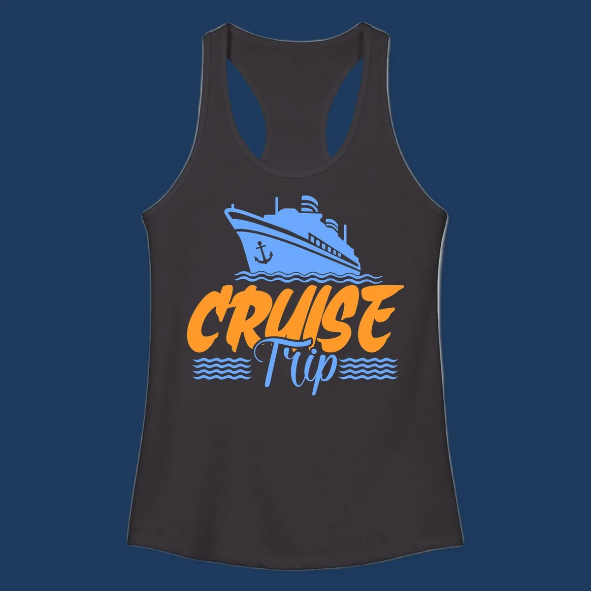 Blue cruise ship with anchor sailing through waves, with orange 'CRUISE' text and blue 'Trip' lettering on gray background