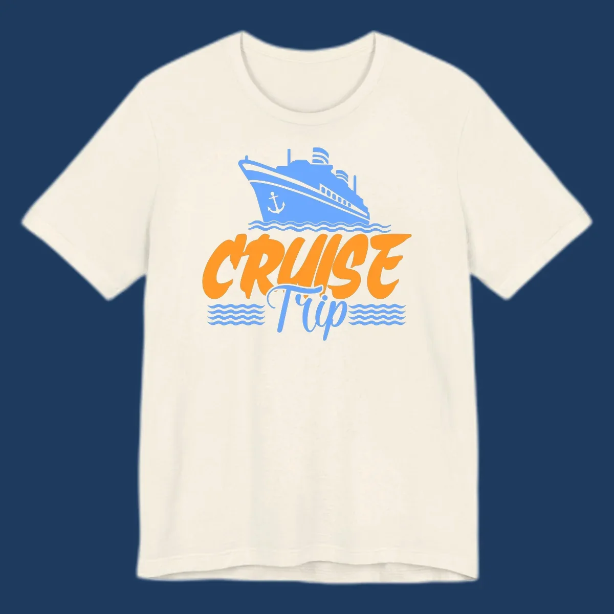 Blue cruise ship with anchor sailing through waves, with orange 'CRUISE' text and blue 'Trip' lettering on gray background