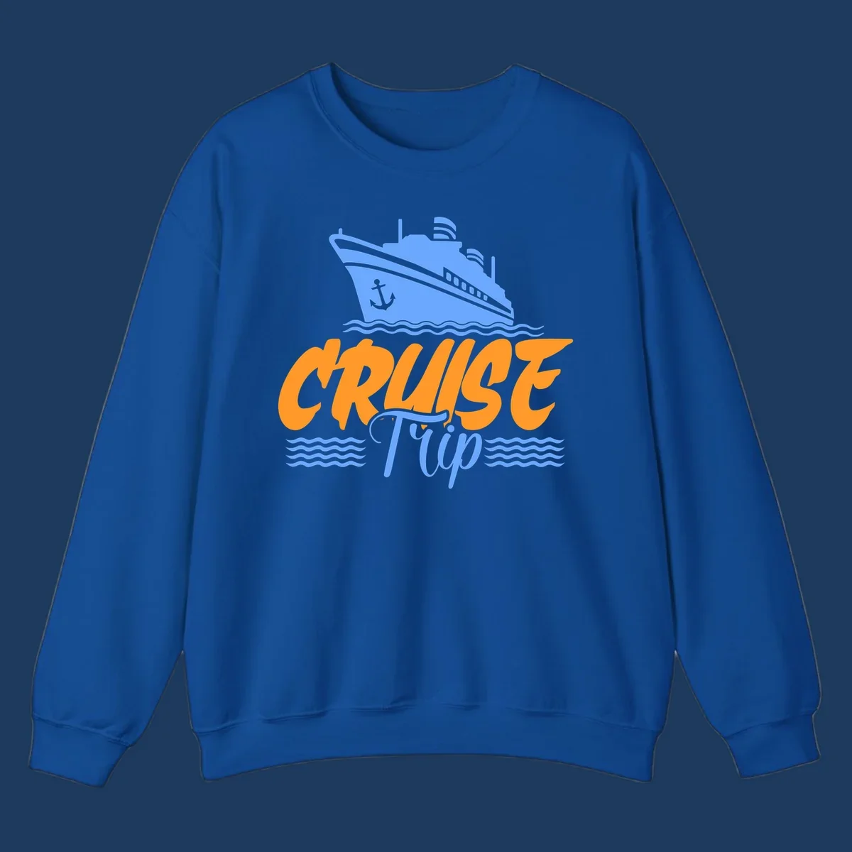 Blue cruise ship with anchor sailing through waves, with orange 'CRUISE' text and blue 'Trip' lettering on gray background