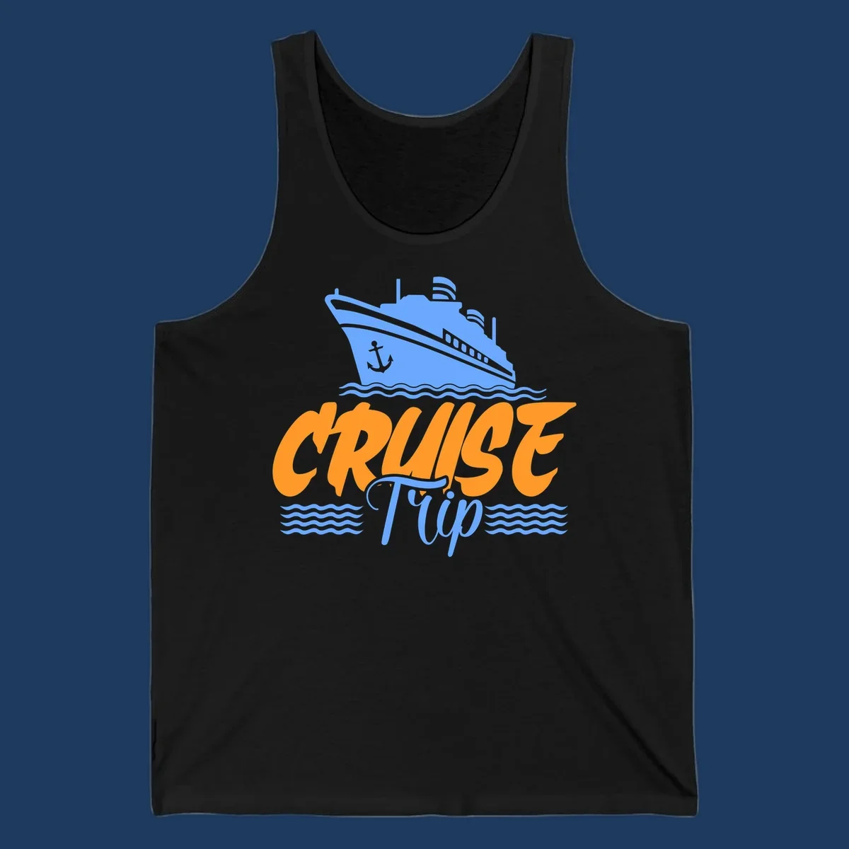 Blue cruise ship with anchor sailing through waves, with orange 'CRUISE' text and blue 'Trip' lettering on gray background