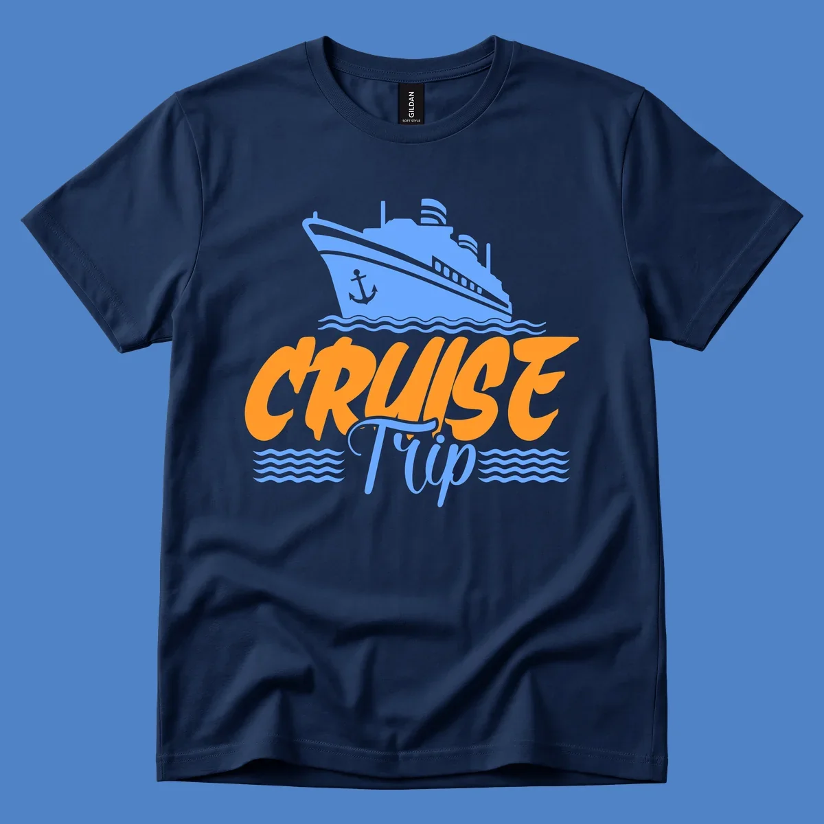 Blue cruise ship with anchor sailing through waves, with orange 'CRUISE' text and blue 'Trip' lettering on gray background