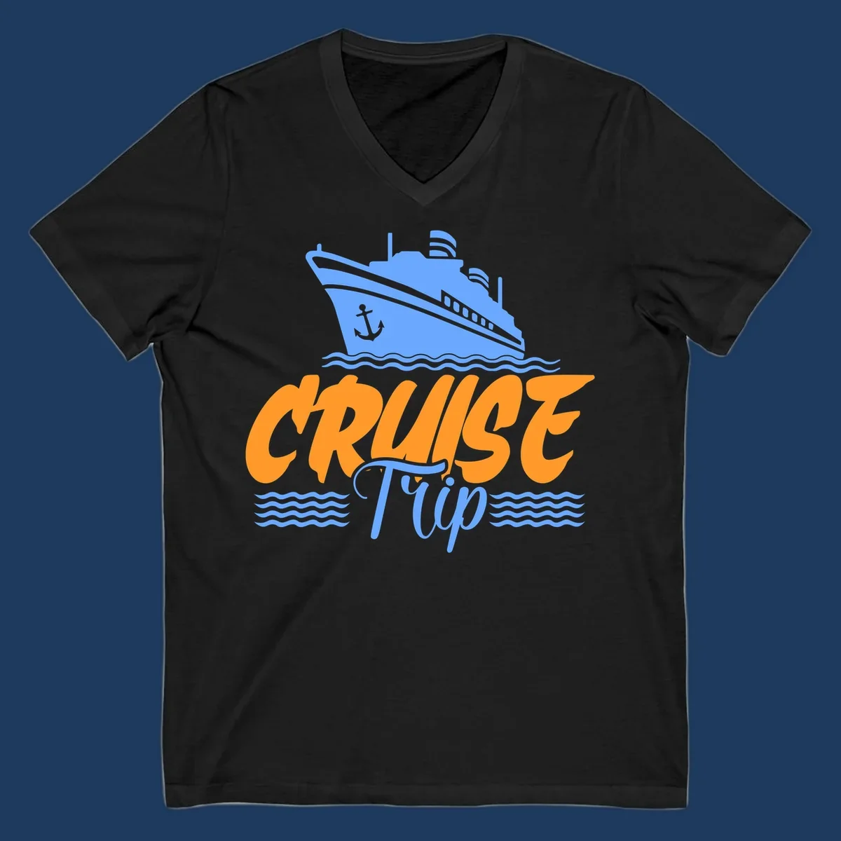Blue cruise ship with anchor sailing through waves, with orange 'CRUISE' text and blue 'Trip' lettering on gray background