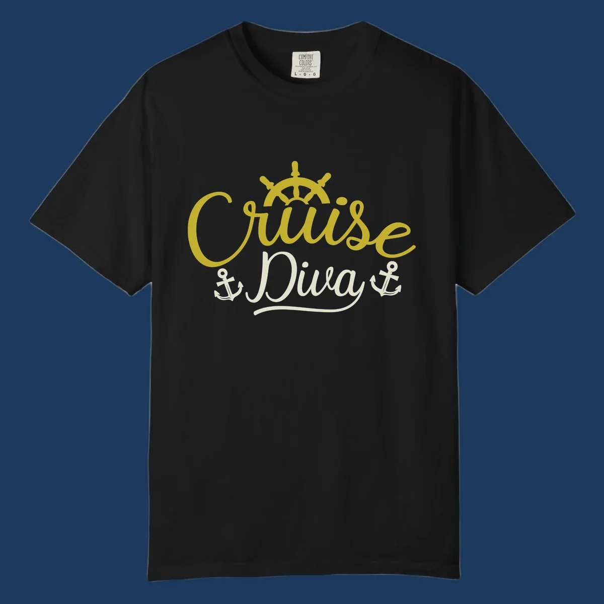 Cruise Diva nautical design with yellow script lettering, ship's wheel, and anchor symbols on gray background
