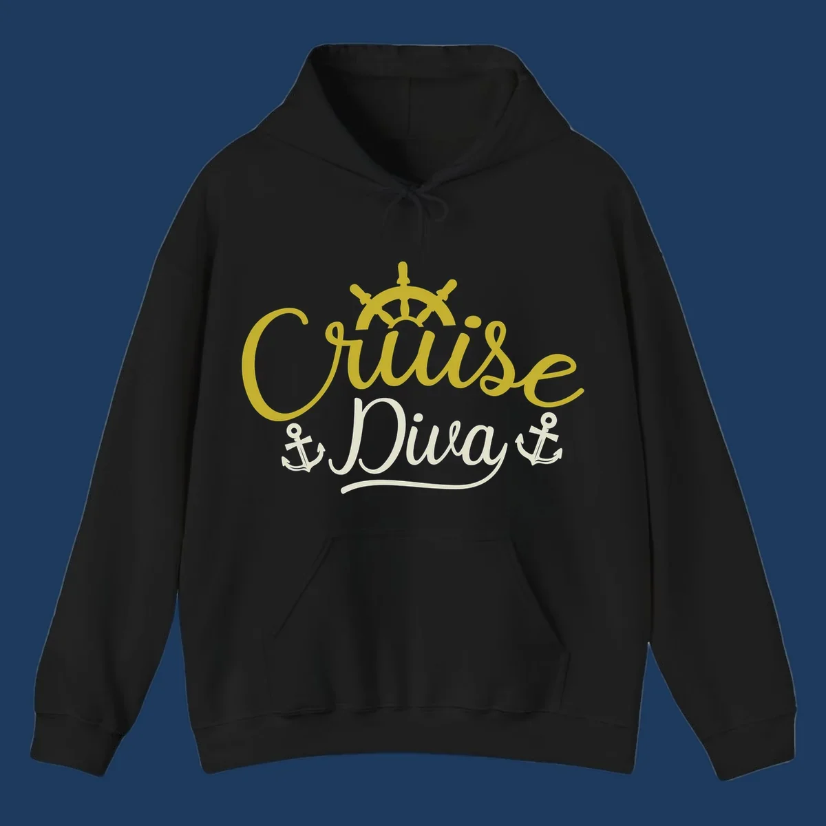 Cruise Diva nautical design with yellow script lettering, ship's wheel, and anchor symbols on gray background