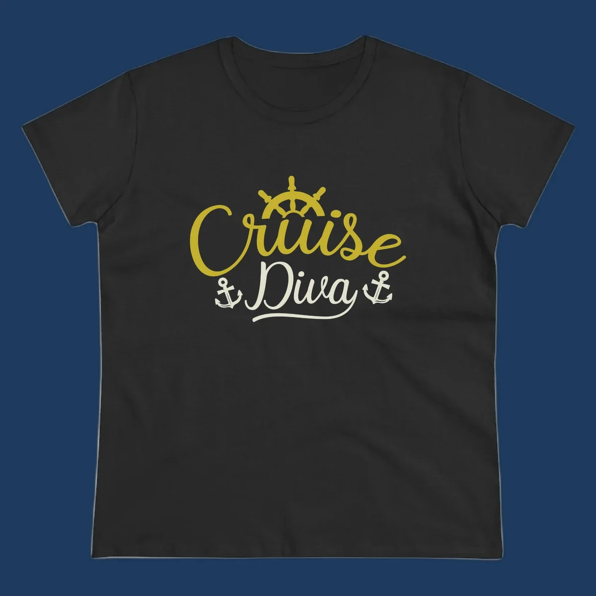 Cruise Diva nautical design with yellow script lettering, ship's wheel, and anchor symbols on gray background