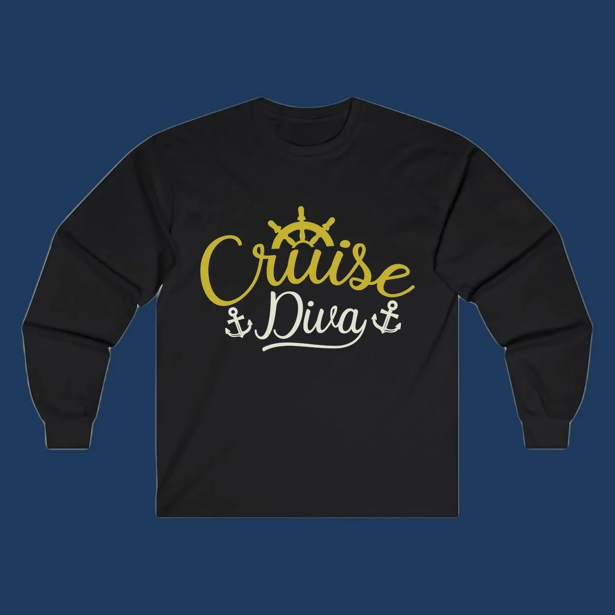Cruise Diva nautical design with yellow script lettering, ship's wheel, and anchor symbols on gray background