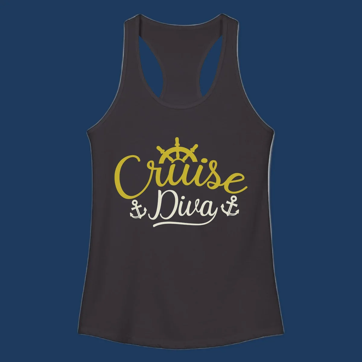 Cruise Diva nautical design with yellow script lettering, ship's wheel, and anchor symbols on gray background